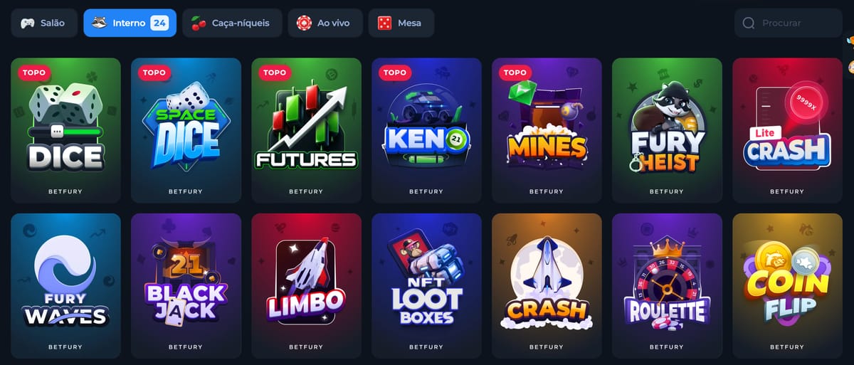 Aba Interno do cassino BetFury com o contador 24 e cards de jogos como Dice, Space Dice, Keno, Mines e Crash